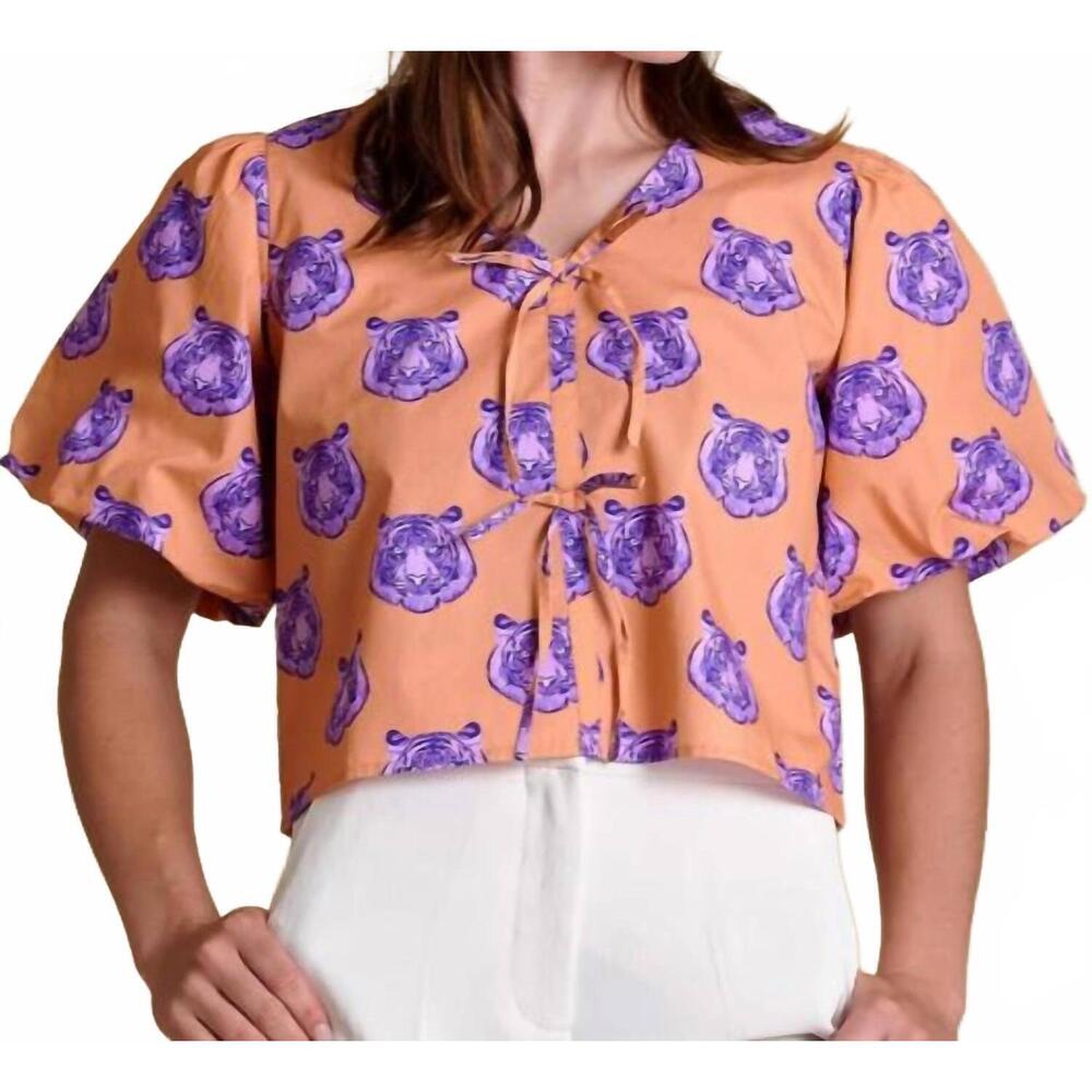 NEW STEWART SIMMONS puff sleeve with tiger heads top in orange